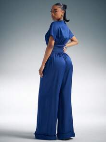 Denimoi 女士深V领褶皱纽扣设计收腰休闲通勤连体裤 - 藍色 - 查看 2