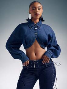 Denimoi Collared Crop Top Long Sleeve Crop Top Fashionable Tops Sexy Tops Streetwear - Dark Wash - View 1