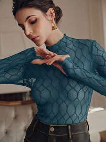 Anewsta Áo thun dài tay nữ gợi cảm, thanh lịch, họa tiết hình thoi, chất liệu xuyên thấu, thích hợp cho tiệc tùng, hẹn hò, mùa xuân. - Màu xanh lam - Xem 5