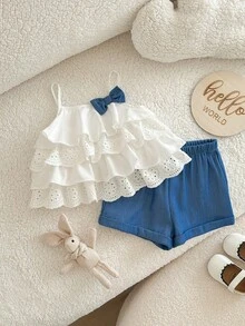 Baby Girl Vacation Casual Cute White Ruffle Strap Tank Top And Elastic Waist Shorts Set - White - View 1