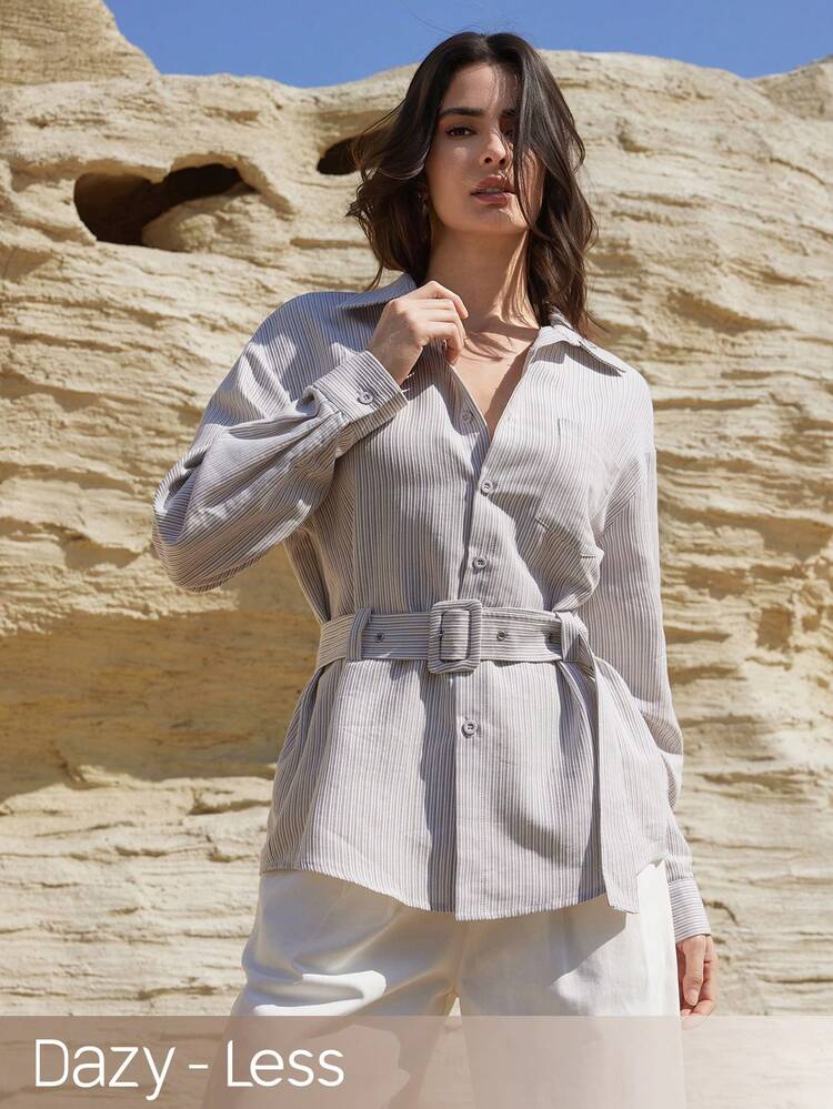 Women's Business/Casual Striped Cinched Waist Long Sleeve Shirt, Suitable For Spring And Summer