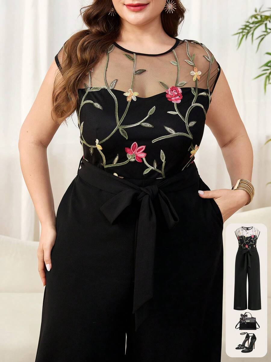 Reflora Mono elegante para mujer de talla grande, mono con bordado colorido y bolsillos, mono de pantalón largo para primavera y verano, adecuado para uso diario y salidas - Multicolor - Ver 1