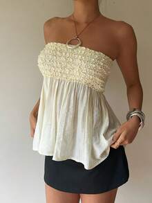 Siren Gaze Women Strapless Smocked Bodice Flared Hem Sleeveless Top, Summer Ladies Casual Wear, Ruffle Trim Strapless Top, Tube Top, Baby Doll Top, Summer Clothes Babydoll Tops Women White Strapless Top Dress Top Summer Tube Top Babydoll Tops For Women Tops For Women For Summer Beautiful Top Beautiful Tops For Women - Apricot - View 4