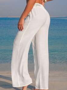 Swim Vcay 女士白色编织拼接竹结流苏镂空休闲沙滩罩裤 - 白色 - 查看 2