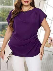 Reflora Plus Size Solid Color Boat Neck Draped Short Sleeve Blouse, Elegant Summer - Purple - View 8