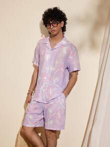 Felipe Marques Conjunto de camisa de manga corta y pantalones cortos con estampado floral y de pájaros para hombre, de corte holgado, atuendo casual para vacaciones en primavera/otoño y fiestas en la playa - Púrpura malva - Ver 4