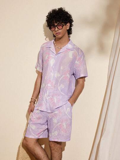 Felipe Marques طقم قميص وشورت بأكمام قصيرة مزخرف بالزهور والطيور للرجال، بتصميم فضفاض مناسب للاستخدام اليومي والعطلات والحفلات الشاطئية في فصلي الربيع والخريف