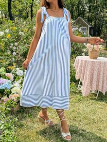 SHEIN 孕妇夏季休闲度假条纹系带露肩连衣裙 - 藍色 - 查看 3