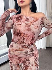 Modelyn Đầm thanh lịch tay dài in hoa lệch vai cỡ lớn cho nữ - Hồng - Xem 4