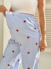 SHEIN Maternity Striped & Strawberry Print Elastic Waist Casual Pants - Red - View 4