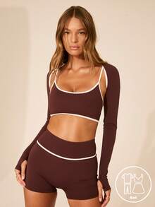 Aralina Conjunto deportivo de top corto de tirantes acanalado de manga larga y shorts para mujer - Marrón - Ver 1