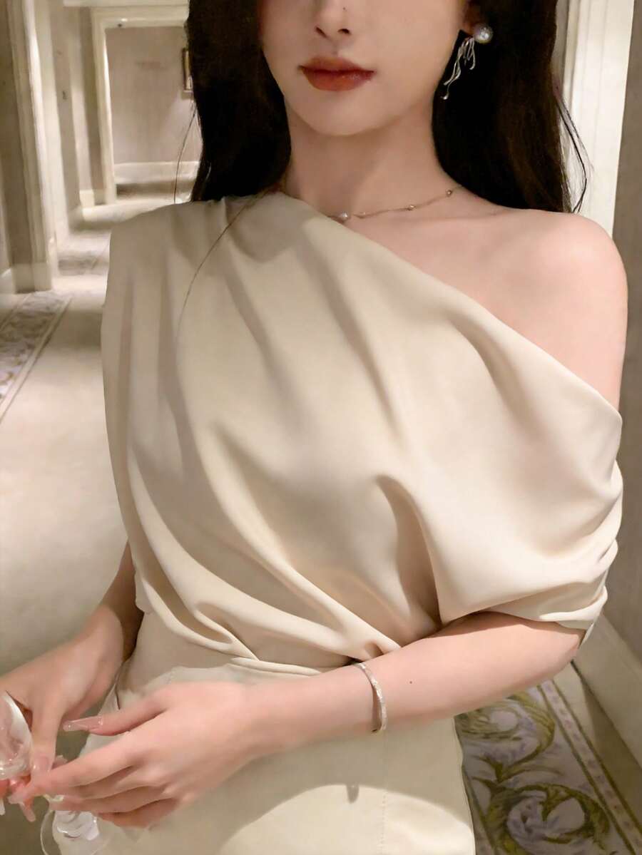 DAZY 女士印花不对称肩部宽松上衣外出上衣夏季 - 黃色 - 查看 1