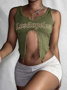 Rina Fox 女士休闲字母印花露背吊带背心，侧开衩 - 綠色 - 查看 6