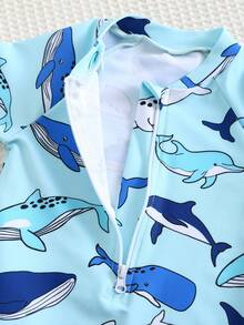SHEIN 2件套男婴休闲可爱趣味海洋鲨鱼印花长袖泳衣和泳帽套装，适合外出、旅行、海滩、泳池、派对、春夏穿着 - 彩色 - 查看 10