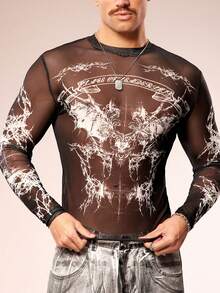 FeverCity Camiseta de manga larga de cuello redondo transparente y ajustada de moda y sexy para hombres - Multicolor - Ver 3