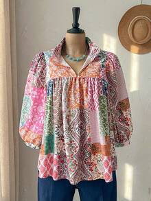 Rusticease Blusa holgada de manga farol con estampado floral para mujer de talla grande, top de verano, estilo campestre para mujer, primavera - Multicolor - Ver 4
