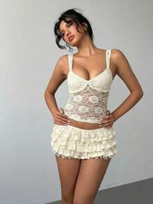 Aloruh Women's New Sexy Lace Solid Black Ruffle Hem Low Waist Shorts Hotpants Ruffled Shorts White Ruffle Shorts Ruffled Skirt Frilly Skirt Bloomers Ruffle Shorts - Beige - View 4