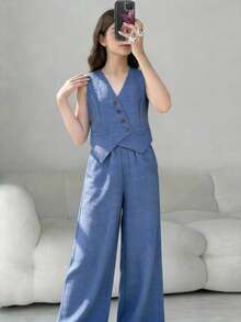 SHEIN Nova Glow 少女无袖梭织上衣，不对称下摆配纽扣，搭配宽松直筒裤，两件套，法式优雅时尚的办公室着装 - 藍色 - 查看 8