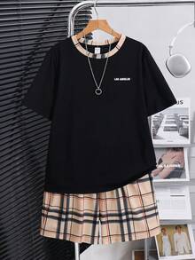 SHEIN 2件套青少年男童休闲字母印花领短袖T恤和格子图案短裤套装，适合通勤、上学、日常休闲穿着、运动、春夏穿着。 - 彩色 - 查看 4