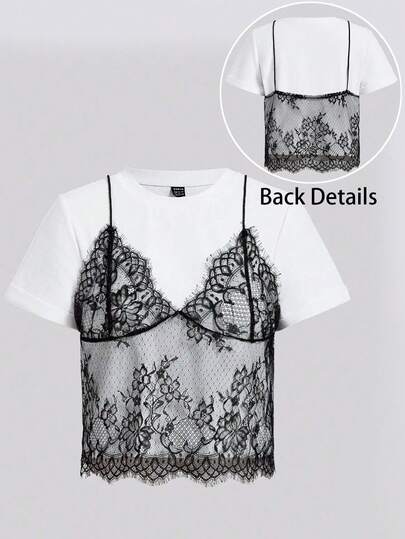 SHEIN Tall CURVE Summer White Lace Spliced Round Neck Short Sleeve T-Shirt (2 In 1),Lace Patchwork,Black And White Color Blocking,Casual Blouses For Women,Casual Outfit For Women,White Top,Black Top,Holiday Outfits