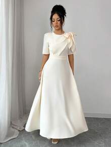 Elenzga Vestido maxi de línea A de manga corta con cuello redondo, cintura ceñida y decoración de lazo, elegante, casual, para ir al trabajo, vacaciones y romántico, para primavera/verano - Albaricoque - Ver 5