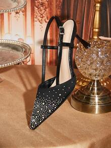 CUCCOO TILAWA Colored Rhinestone High Heel Empty Women's Shoes - Black - View 3