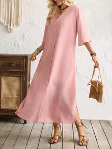 Breezaya Bohemian Style Linen Pink Long Dress, Summer Short-Sleeved Dress, Shirt Dress, Casual Loose Dress, Pink Dress, Women's Vacation Outfit, Summer Holiday Outfit, Women's Pink Dress, Pink Casual Dress, Beach Dress - Baby Pink - View 6