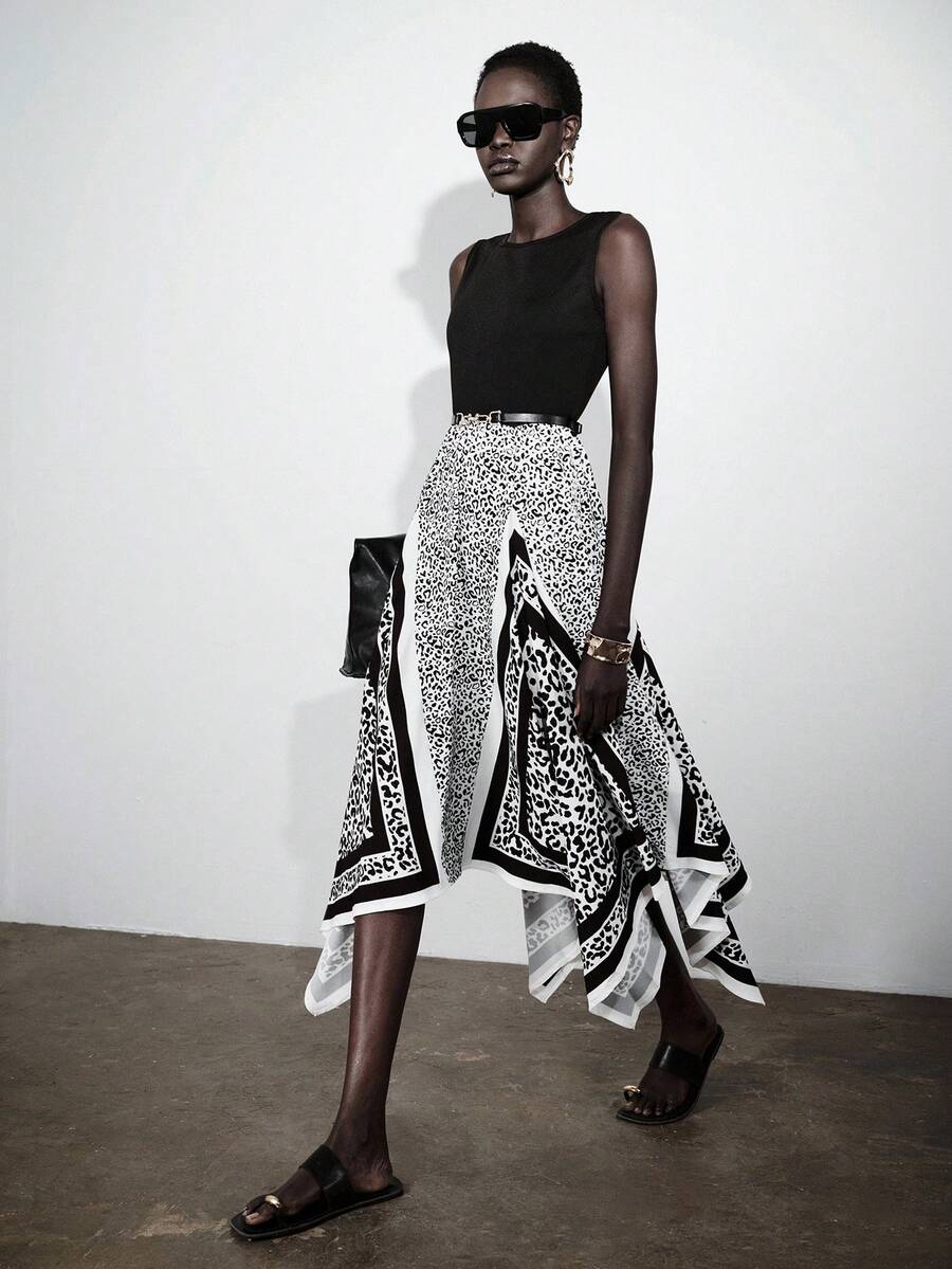 Lumivelle Women's New Round Neck Ribbed Knit Fabric Patchwork Leopard Print Asymmetrical Hem Casual Minimalist Fashion Dress, Spring/Summer - Multicolor - View 1