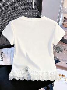 GlowEve Camiseta de verano de unicolor casual y versátil con ribete de encaje - Blanco - Ver 2