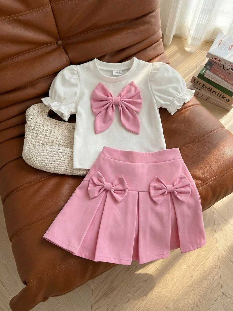 SHEIN Playful Pals 女婴针织泡泡袖蝴蝶结T恤上衣和裙子套装，粉色蝴蝶结设计，甜美女孩户外装，夏季 - 白色 - 查看 1