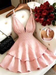 Elenzga 新款女士吊带扭结设计针织弹力纹理面料不对称下摆双层设计度假约会休闲迷你连衣裙，春夏款 - 粉色 - 查看 3