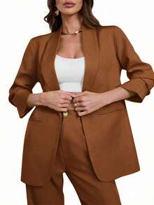 Aveloria Modichic Áo blazer cổ ve lật màu trơn, kiểu dáng thường ngày, thích hợp cho mùa xuân/thu. - Cà phê nâu - Xem 3