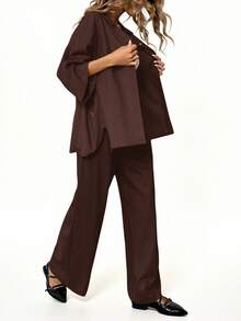 Aveloria Modichic 2pcs/Set Women Blended Side Slit Loose Shirt And High Waist Wide Leg Pants Elegant Business Casual Women  - Chocolate Brown - View 3