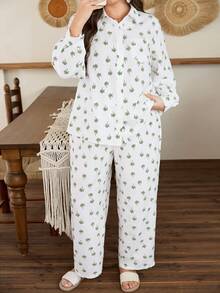 Lacomfia Plus Size Women 2-Piece Set, Long Sleeve Top And Pants, Vacation Floral Retro Print, Casual Pajama Sets For Women - Multicolor - View 1