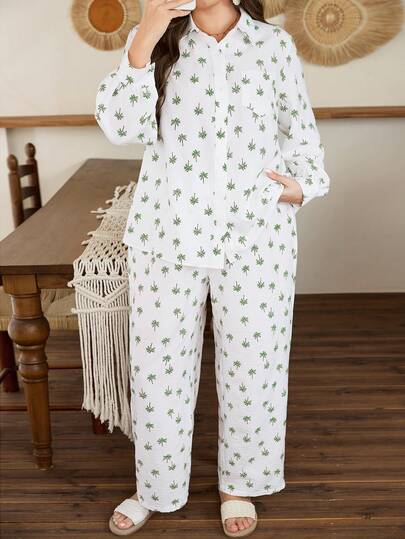 Lacomfia Plus Size Women 2-Piece Set, Long Sleeve Top And Pants, Vacation Floral Retro Print, Casual