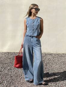 Livesso 春夏宽松休闲度假风蓝色圆领背心和阔腿牛仔裤 Old Money 女士牛仔套装 - 藍色 - 查看 6