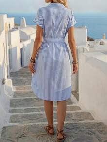 Faunlyn 女士条纹蝙蝠袖休闲中长衬衫裙 - 藍白色 - 查看 2