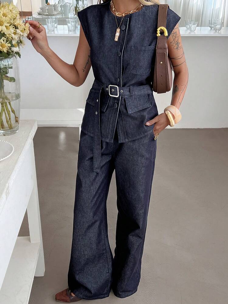 Spring/Summer Romantic Design Loose Casual Commute Elegant Blue Sleeveless Top And Wide Leg Jeans Women 2-Piece Set