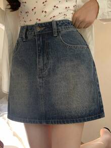 DAZY Chân váy denim nữ đa năng, thoải mái, phù hợp đi làm hàng ngày, có túi. - Màu xanh lam - Xem 4