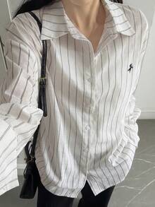 DAZY Women's Casual Unicorn Embroidery Striped Print Loose Fit Drop Shoulder Long Sleeve Blouse, Suitable For Spring/Autumn, Work, Vacation And Daily Wear - White - View 5