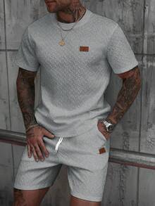 Manfinity CasualCool Men's V-Neck Ribbed T-Shirt + Drawstring Shorts Set - Grey - View 5