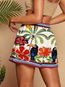 Travachic 休闲简约度假波西米亚风优雅浪漫复古热带植物椰树鹦鹉花卉印花图案，适合音乐节、海滩、度假、夏季郊游的女士抽绳印花短裤，春夏款 - 彩色 - 查看 2