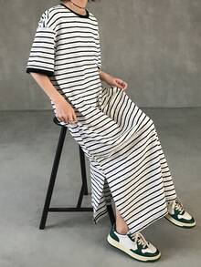 FRIFUL Women's Round Neck Full Body Striped Side Slit Dress - White - View 6