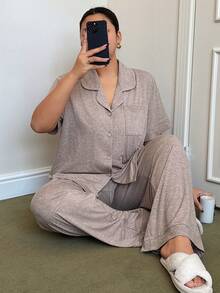 Dream Adore Plus Size Women Loose Comfortable Knit Collared Short Sleeve Pajama Set - Mocha Brown - View 4