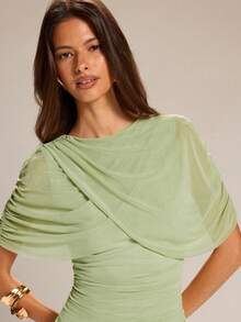 SHEIN BAE 女士纯绿色圆领不对称褶皱修身迷你连衣裙，适合度假、派对、音乐节、宴会、婚礼、毕业季、春夏等场合。 - 綠色 - 查看 6