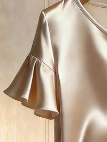 Modelyn Satin Shiny Pearl Button Decor Short Sleeve Casual Blouse For Women, Spring/Summer - Apricot - View 5