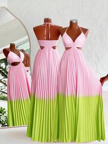 Flirla Elegant Sexy Contrast Color Slip Dress, Suitable For Beach Vacation - Green - View 1