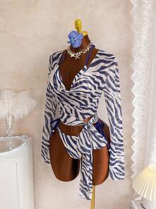 Swim Vcay Bộ đồ bơi mùa hè dành cho nữ, họa tiết da báo retro, chất liệu lưới, cổ chữ V sâu, thiết kế buộc dây bên hông, họa tiết hoang dã kết hợp với vải chiffon mỏng nhẹ, thích hợp cho kỳ nghỉ biển. - Nhiều màu - Xem 3