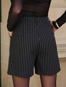 Lavishia Women's Line Print Minimalist Casual Midi Shorts - Black and White - View 2