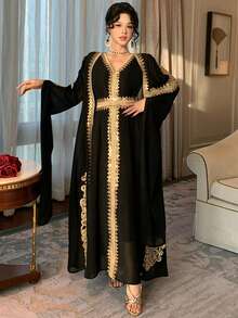 DAZY 2pcs Women's Middle Eastern Dubai Arabic Style Dress With Ribbon Trim - Black - View 7